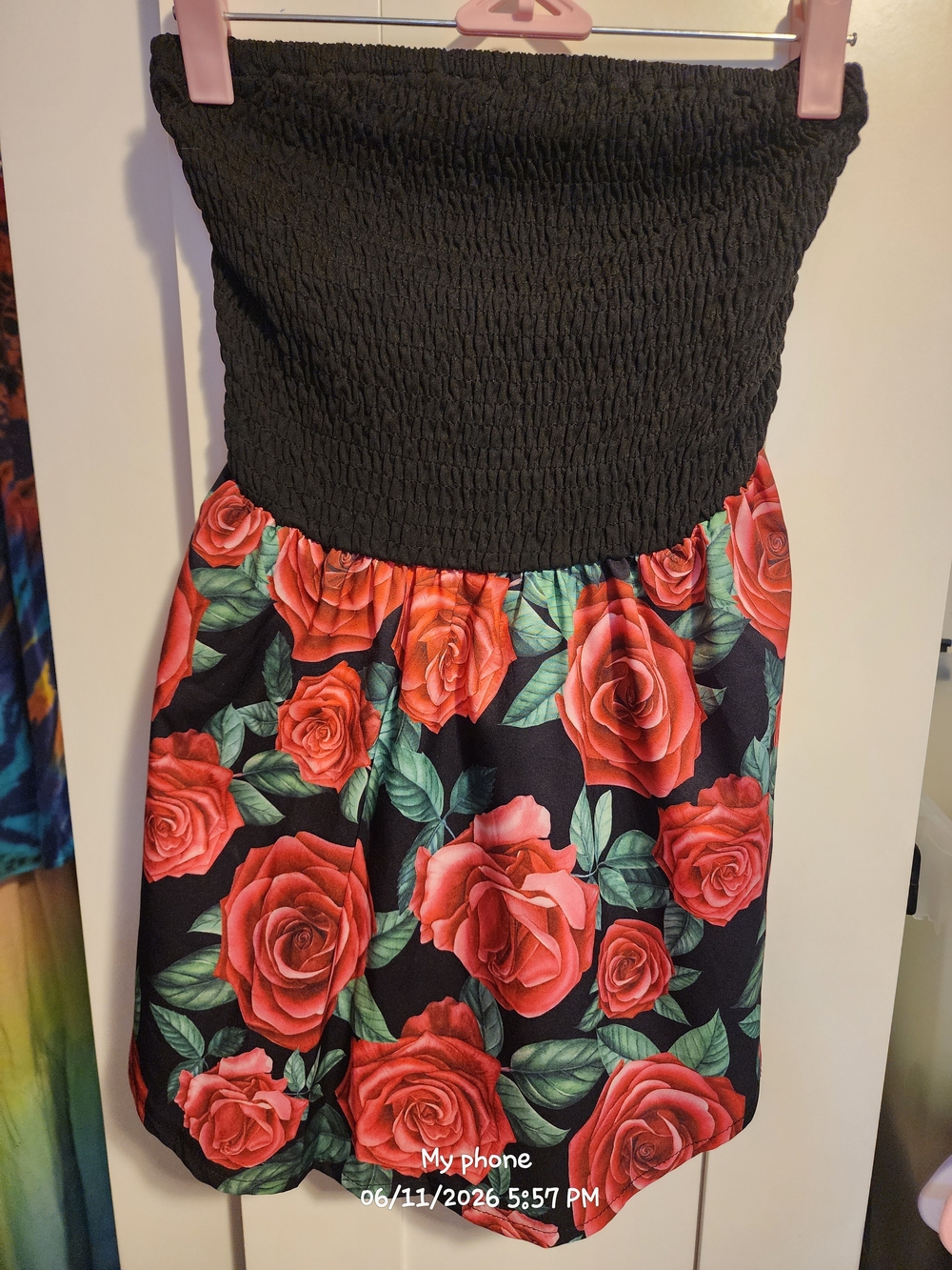 Black Strapless Dress with Red Rose Print